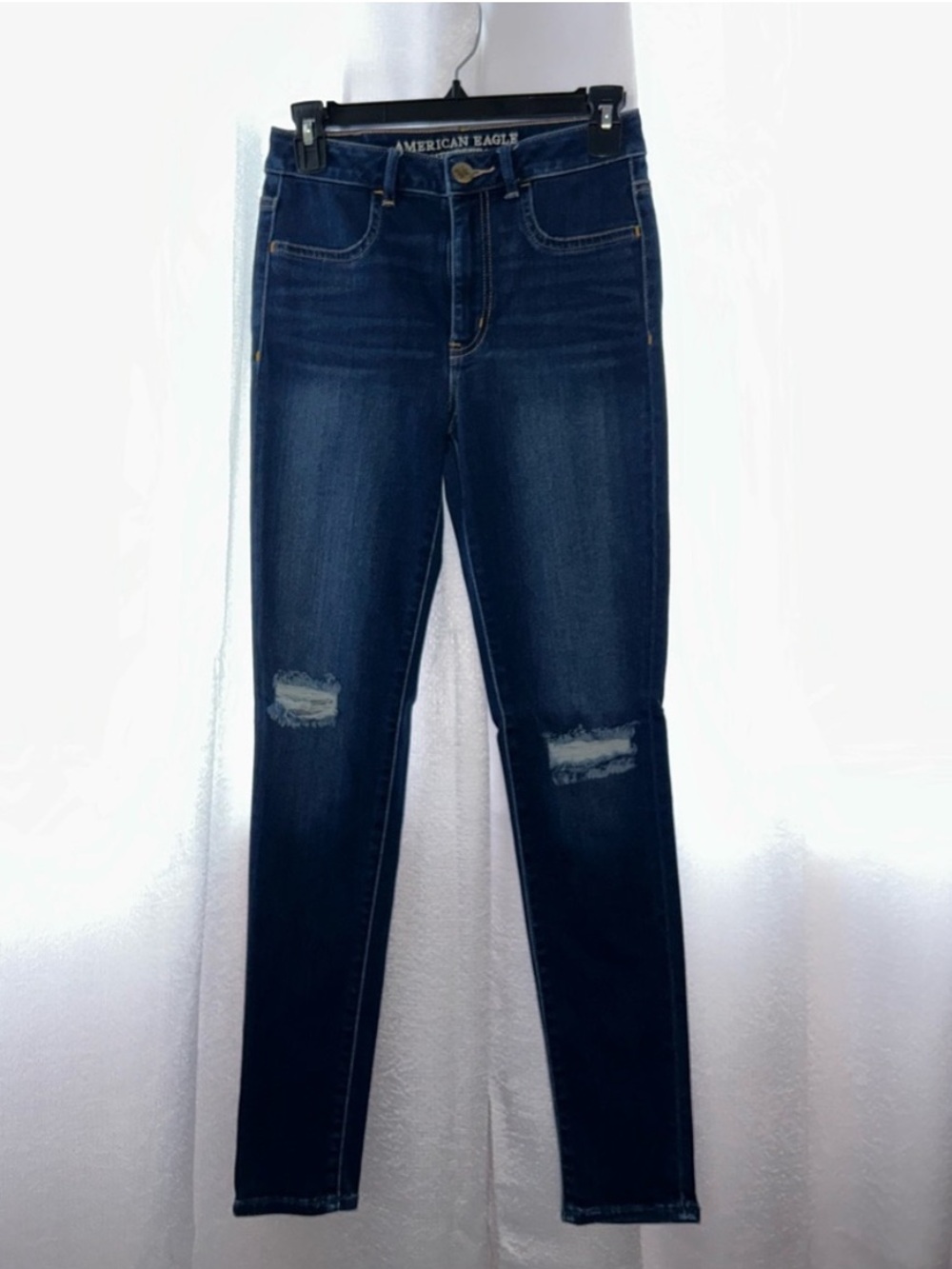 American Eagle Outfitters Dark Indigo High-Rise Skinny Jeans with Knee Rips